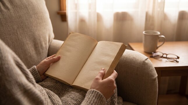 Hands Holding Open Vintage Blank Book in Cozy Living Room with Warm Natural Window Light and Morning Coffee