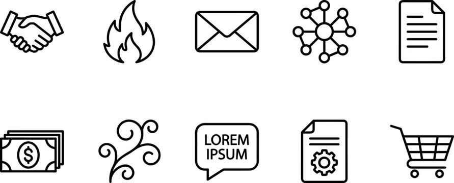 Minimalist universal business web line icon set featuring handshake fire flame mail envelope digital network document money cash lorem ipsum bubble and shopping cart