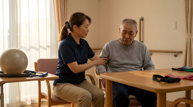Therapist helping senior man with hand exercises.