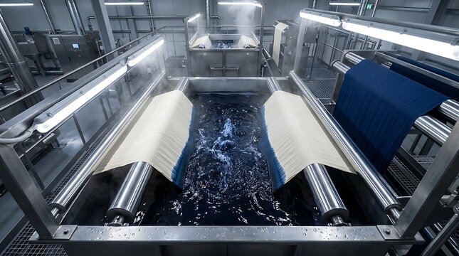 High angle view of large textile manufacturing plant using automated machinery for coloring fabric rolls in indigo blue chemical solution with steam rising up.