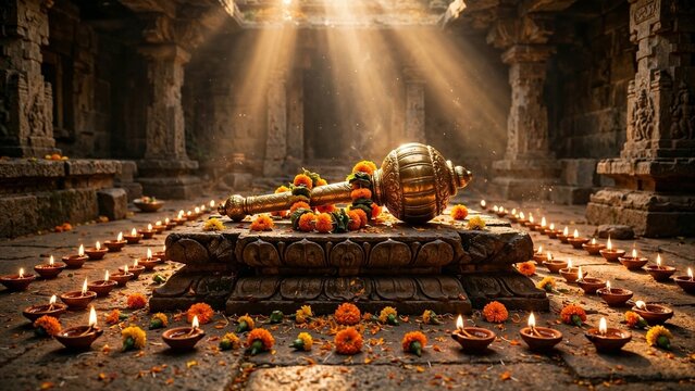 Golden gada mace resting on carved stone altar lit by oil lamps in ancient temple