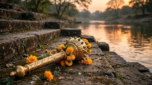 Golden gada mace with marigold flowers on river ghat steps at sunset