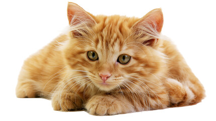 Fluffy orange tabby kitten lying down with green eyes © Lysander