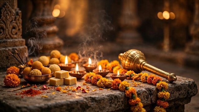 Golden gada resting beside laddu prasad and glowing diyas on temple stone