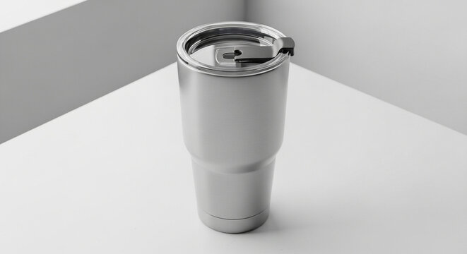 A metallic travel mug sits ready for hot beverages on a kitchen countertop during a quiet morning at home, showcasing its durable thermal construction designed for daily commuters everywhere