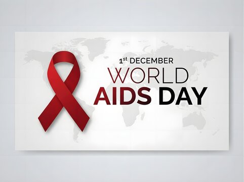 World aids day banner with red ribbon and world map background