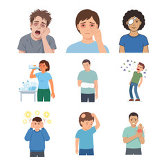 Fototapeta premium Set of People Suffering from Various Physical Health Conditions and Symptoms Vector Illustration