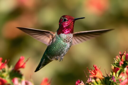 Garden Portrait of a Fluttering Hummingbird with Iridescent Plumage