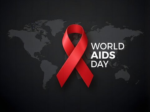 World aids day awareness red ribbon on dark world map background