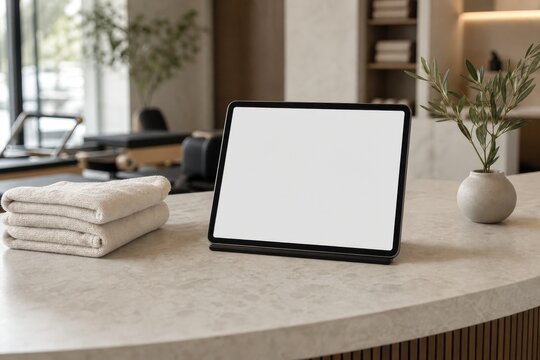 Blank digital tablet on a stone counter in a wellness studio