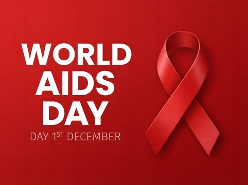 World aids day awareness poster with red ribbon on red background