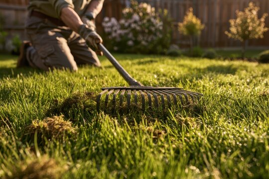 Gardener using a rake to remove thatch and moss from a lush green lawn in spring