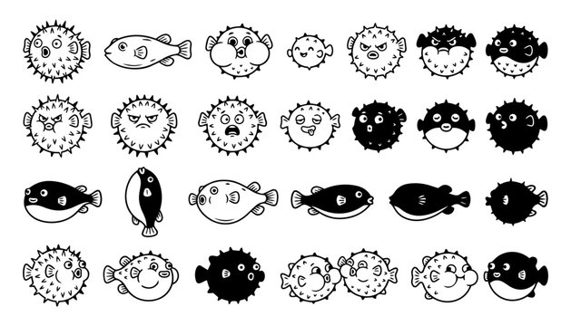 Set of cute puffer fish icons, cartoon vector illustration of fugu fish in different poses and expressions