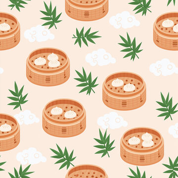 A seamless pattern featuring traditional bamboo steamers filled with dumplings decorated with green bamboo leaves and soft white clouds on a light background