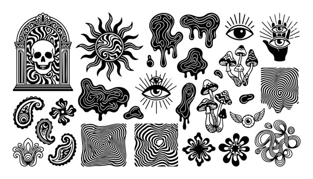 Set of psychedelic hippie elements, trippy mushrooms, eyes, sun, and abstract liquid shapes