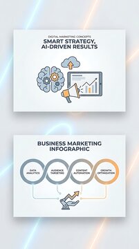 AI-driven business strategy infographic with data analytics and marketing concepts.