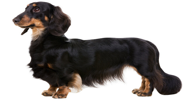 Long-haired black and tan dachshund standing profile view