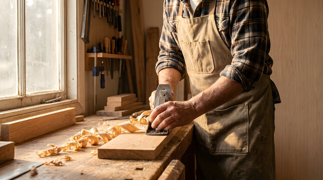 A skilled craftsman in a flannel shirt and apron uses a hand plane on a wooden board in a sunlit workshop, creating wood shavings with traditional carpentry tools for a professional woodworking