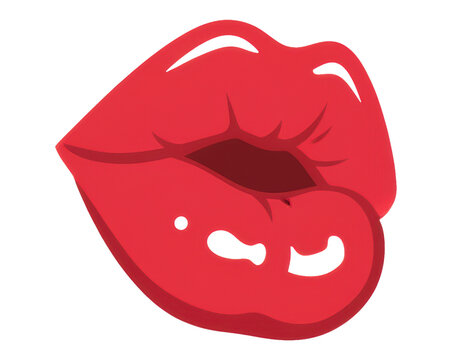 A pair of vibrant red stylized vector lips puckered in a kiss, with subtle highlights for a glossy finish, isolated on a transparent background. Minimalist pop art concept
