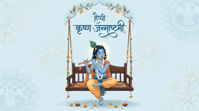 Happy krishna janmashtami cute baby krishna playing flute on swing