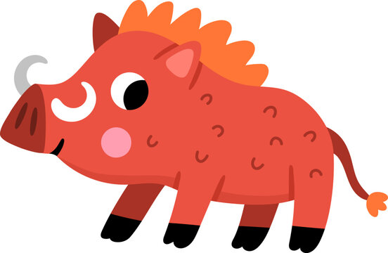 Vector cartoon warthog isolated on white background. Funny African or safari animal clipart. Cute savannah hog, boar or wild pig icon for kids. Flat savanna element. Africa wildlife illustration