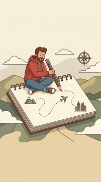 Man drawing on notepad in a mountain landscape.