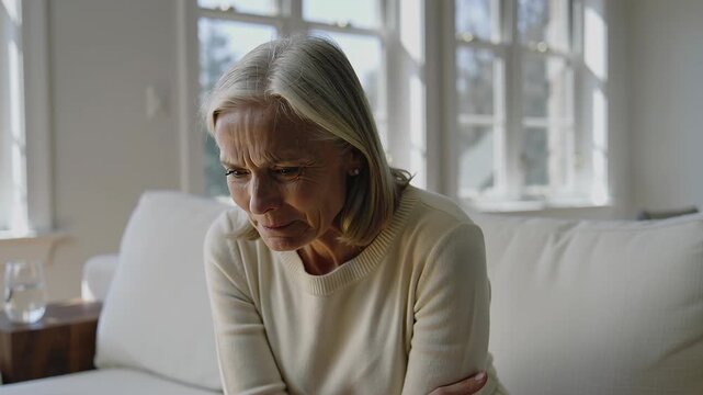 Elderly Woman suffering from stress or a panic attack and overwhelmed by the emotion while sitting in a white livingroom background during a bright sunny day