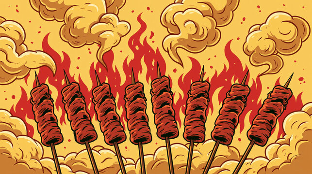 A row of delicious meat skewers is grilling over a bright fire with thick smoke rising in the background in this colorful food illustration