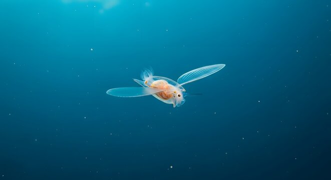 Tiny translucent zooplankton with delicate wings swims in deep blue ocean water with soft light