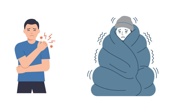 Flat vector illustration of a man with shoulder pain and a shivering person wrapped in a warm blanket