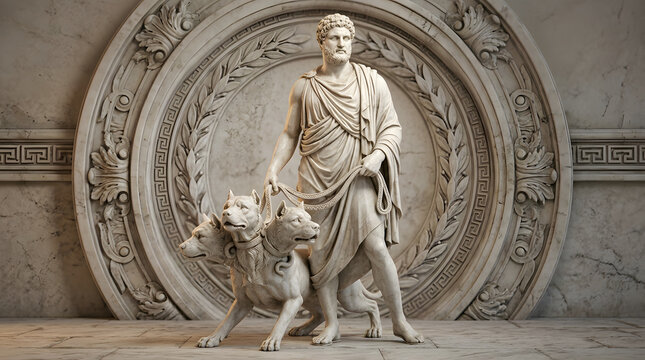 Ancient Roman statue of a man with a three-headed dog in marble setting