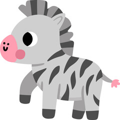 Naklejka premium Vector cartoon baby zebra isolated on white background. Funny African or safari little animal clipart. Cute savannah icon for kids. Flat savanna element. Africa wildlife illustration