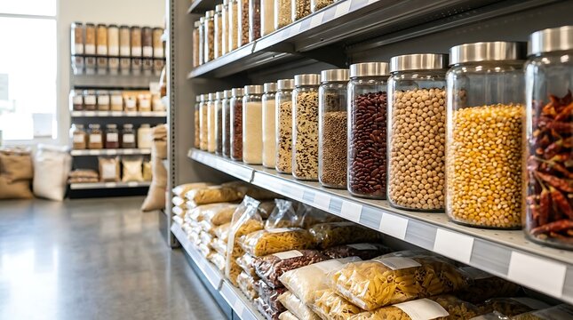 Bulk food items in clear jars and bags on store shelves, healthy pantry staples and cooking ingredients for sale.
