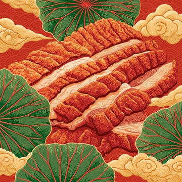 A delicious platter of crispy roasted pork belly is presented with traditional lotus leaves and golden decorative clouds in a vibrant artistic illustration for a festive meal