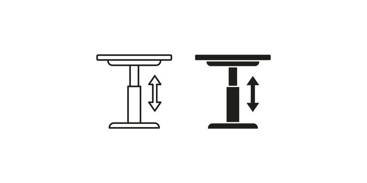 Adjustable height table black outline and solid icon for modern office furniture solution.