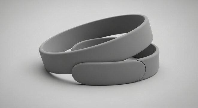 A gray silicone wristband rests on a smooth gray surface capturing contemporary wearable technology design trends while displaying durable rubberized material texture for health tracking