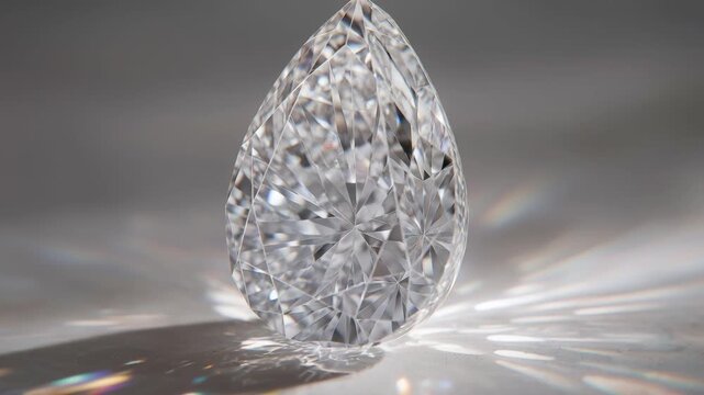 Transparent and beautiful diamond shaped like a teardrop and clear as ice shining with multi colored light on a bright white display background