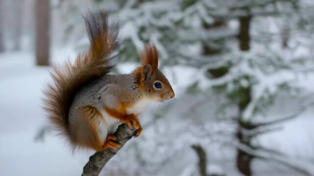 Beautiful red squirrel sits in a tree curious about it's environment which is a forest landscape winter background covered by soft white snow