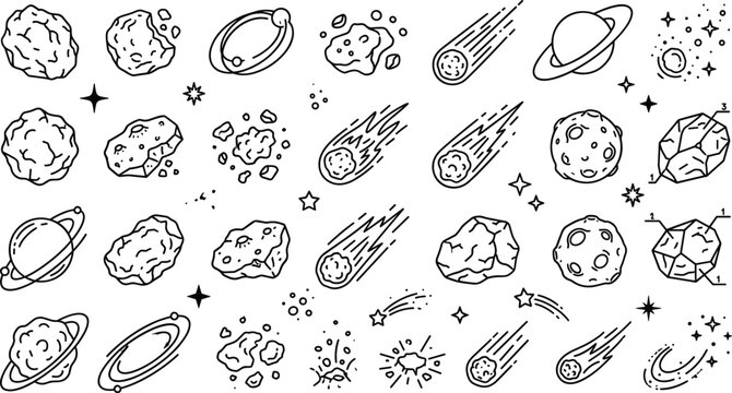 Space asteroid and meteor vector icons set featuring cartoon comet shower planets falling stars celestial line art