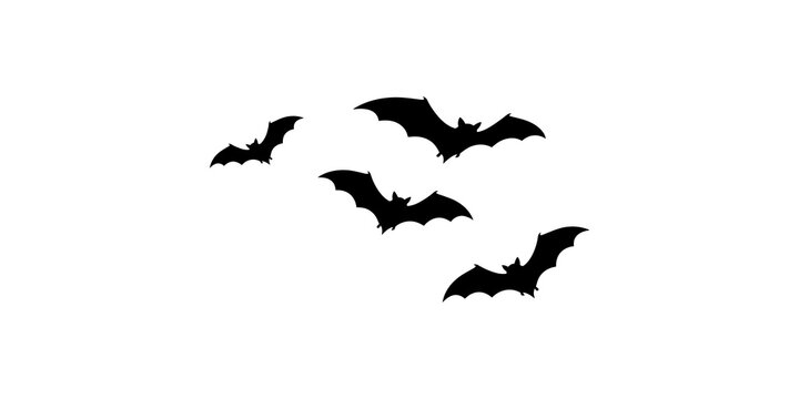 Group of four flying bats silhouette for halloween decoration and spooky graphics.