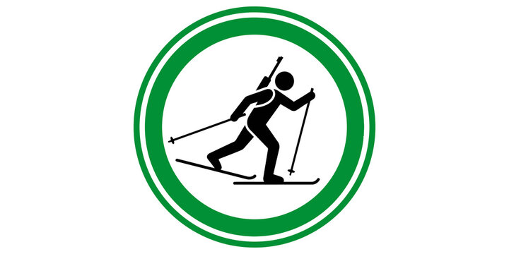 Biathlon sport sign in green circular border for winter resort wayfinding and maps.