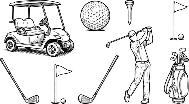 ctor golf element set with vintage hand drawn style cart ball player club tee bag and flags on white backgroundctor golf element set with vintage hand drawn style cart ball player club tee bag and fla