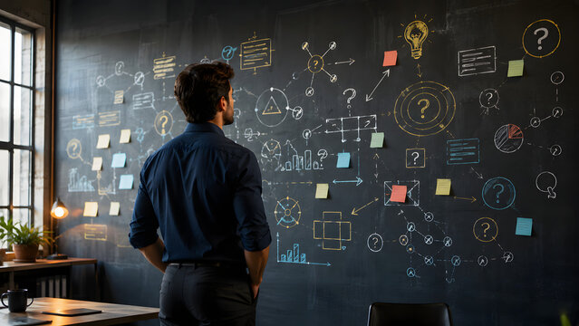 Business Professional Analyzing Ideas on Creative Strategy Wall, Brainstorming, Problem Solving and Strategic Business Planning Concept