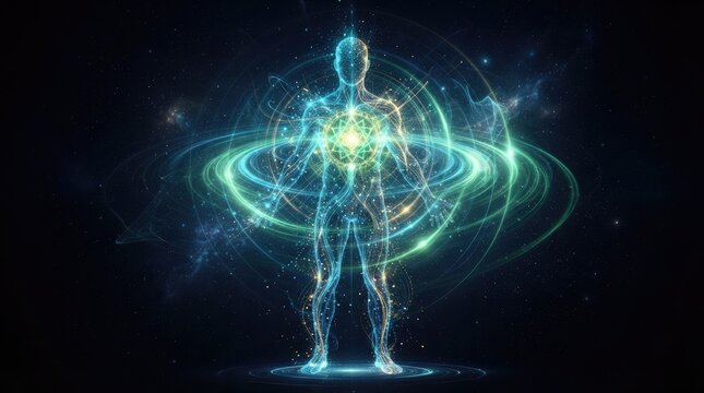 A human figure stands at the center of a radiant, swirling energy field.