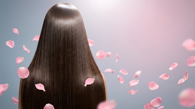 Back view of long straight brunette hair displaying smooth texture and healthy shine surrounded by floating pink rose petals for beauty product advertisement use.