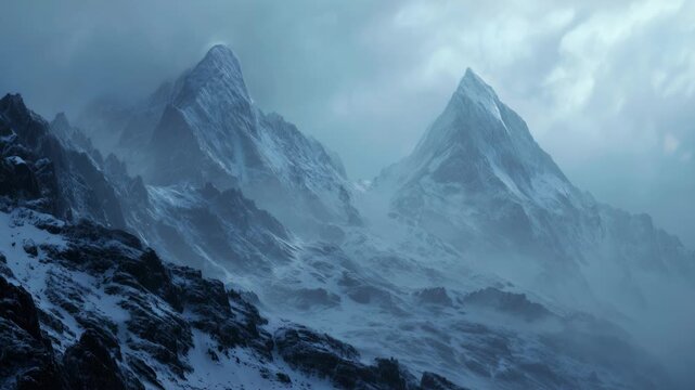 A cold and dangerous mountain range covered in snow and ice. The cold air and mystery of the atmosphere is evident in the icy daytime terrain with overcast cloudscape background