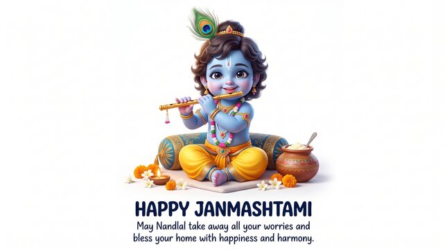 Cute little krishna playing flute isolated on white background