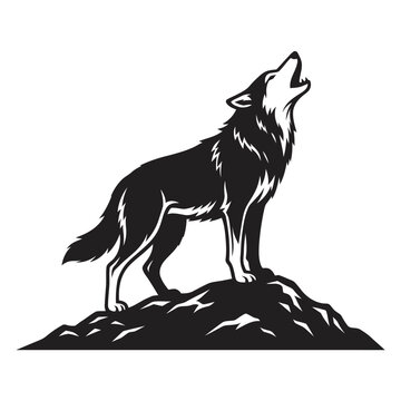 Black and white silhouette vector of a howling wolf on a hill, high contrast