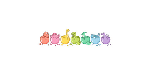 Cute colorful baby dinosaurs hatching from easter eggs in a line on transparent background.