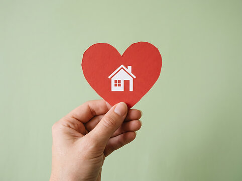 Hand holding a red paper heart with house
